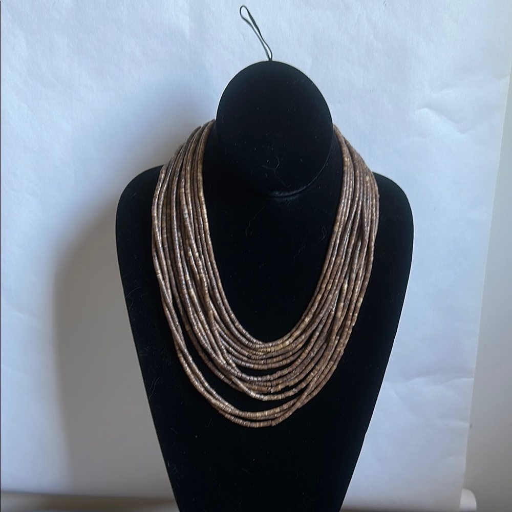 Multi-Strand Coconut Shell Bead Bib Necklace, Tal… - image 1